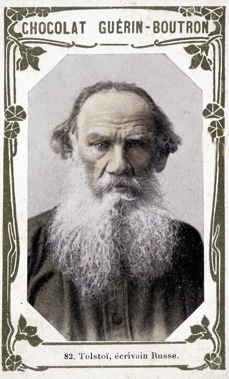 Portrett av Lev Nikolajevitsj, grev Tolstoj (Leo Tolstoj), russisk forfatter (1828-1910). Vignette des chocolates Guérin - Boutron av Unknown artist
