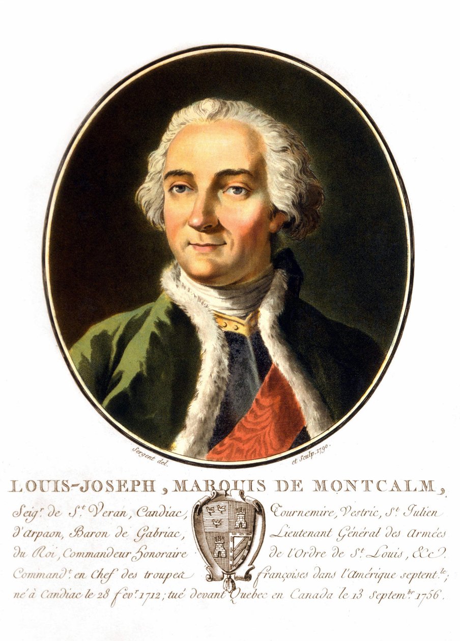 Portrett av Louis-Joseph, markis av Montcalm av Saint-Véran (1712-1759). En fransk general døde han mens han prøvde å forsvare Quebec mot engelskmennene. Gravering fra 1800-tallet. av Unknown artist