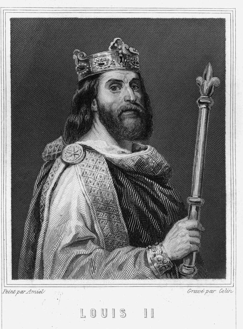 Portrett av Louis II Begue eller Fainéant (846 - 879), konge av Frankrike - i "Histoire des Français"" av Lavallée, gravering, sd. av Unknown artist