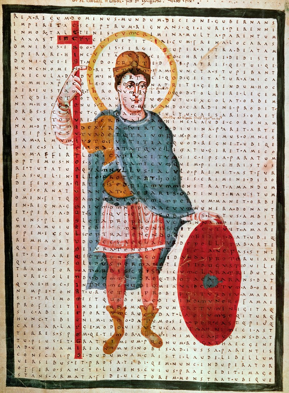 Portrett av Louis I den fromme eller Debonnaire" (778-840), konge av Frankrike"" miniatyr i "The Lauds of the Holy Cross" (eller Code of Vienna) av Rabanus Maurus Magnentius (eller Raban Maur eller Rabano Mauro) ( ca. 780-856), 830 rundt Wien, Osterreichis av Unknown artist