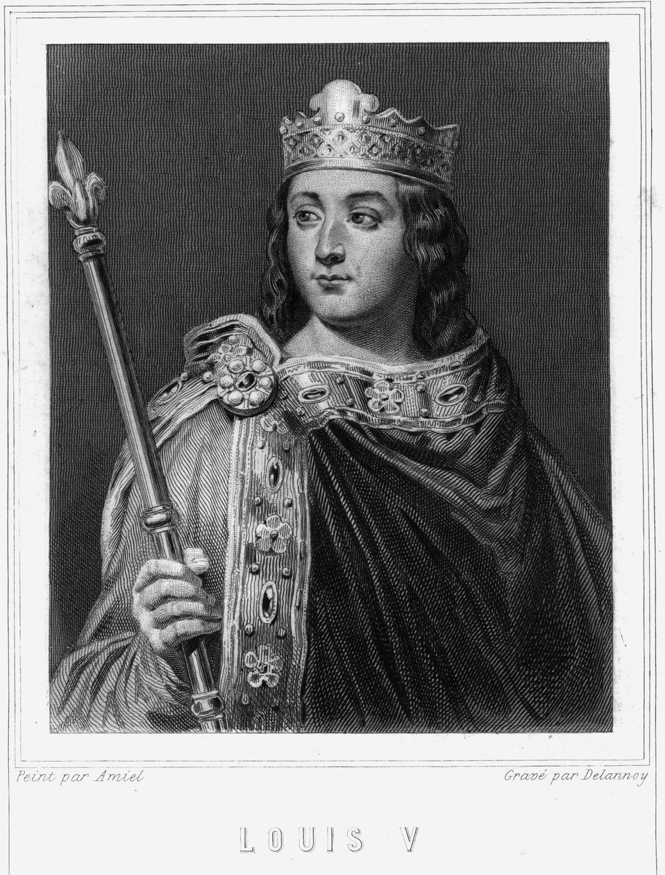 Portrett av Louis V le Fainéant (967 - 987), konge av Frankrike - i "Histoire des Français"" av Lavallée, gravering, sd. av Unknown artist