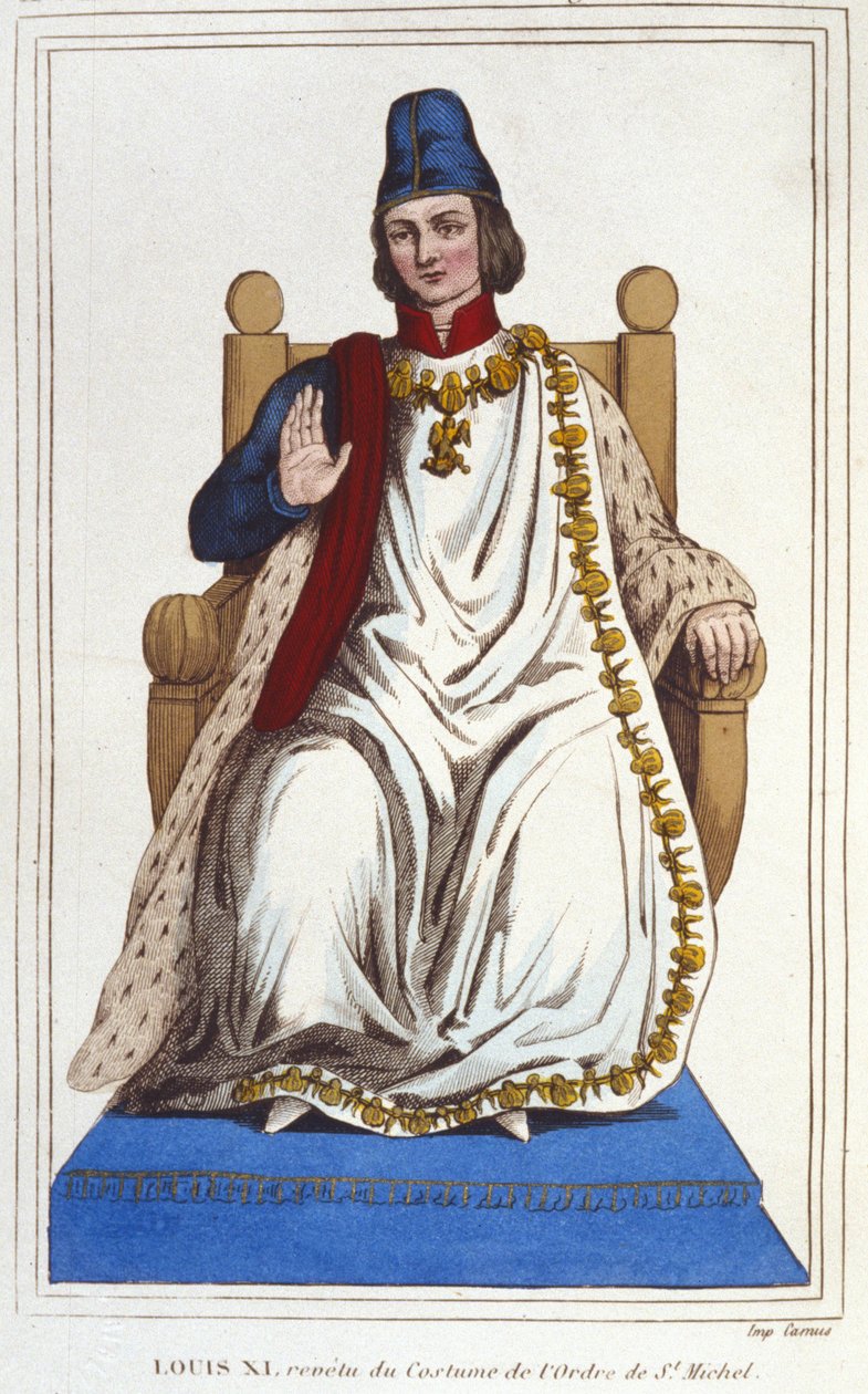 Portrett av Ludvig XI i drakt av Saint Michel-ordenen (1423 - 1483). gravering fra 1830 av Unknown artist