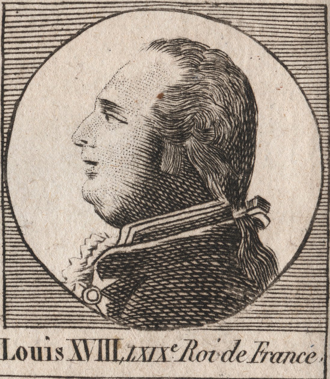 Portrett av Louis XVIII (1755-1824), med kallenavnet Desire, King of France and Navarre fra 1814 til 1815 og fra 1815 til 1824 - Louis XVIII, kjent som den Desired, konge av Frankrike - gravering fra "Instruction sur l
