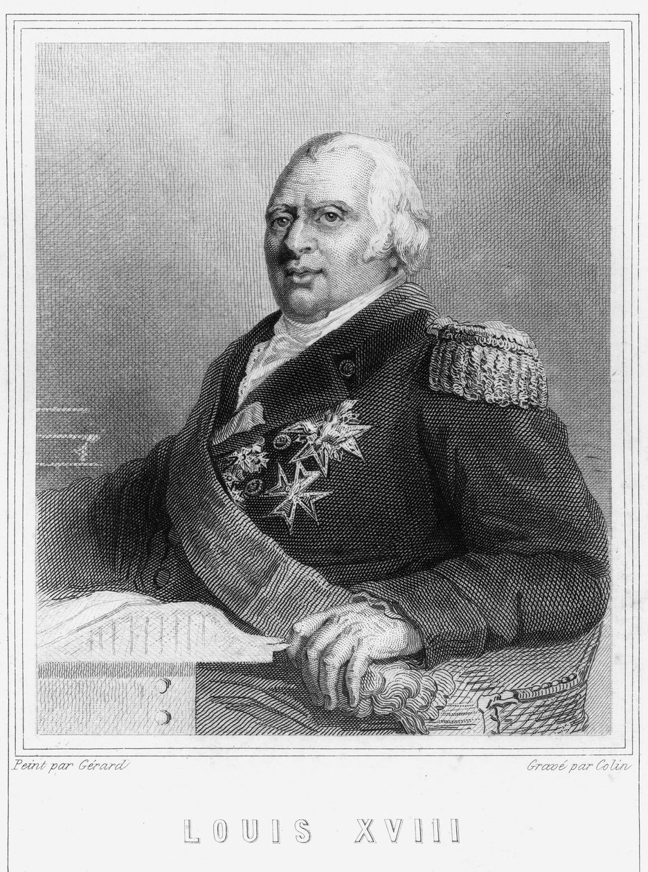 Portrett av Louis XVIII (1755 - 1824), konge av Frankrike - i "Histoire des Français"" av Lavallée, gravering, sd. av Unknown artist