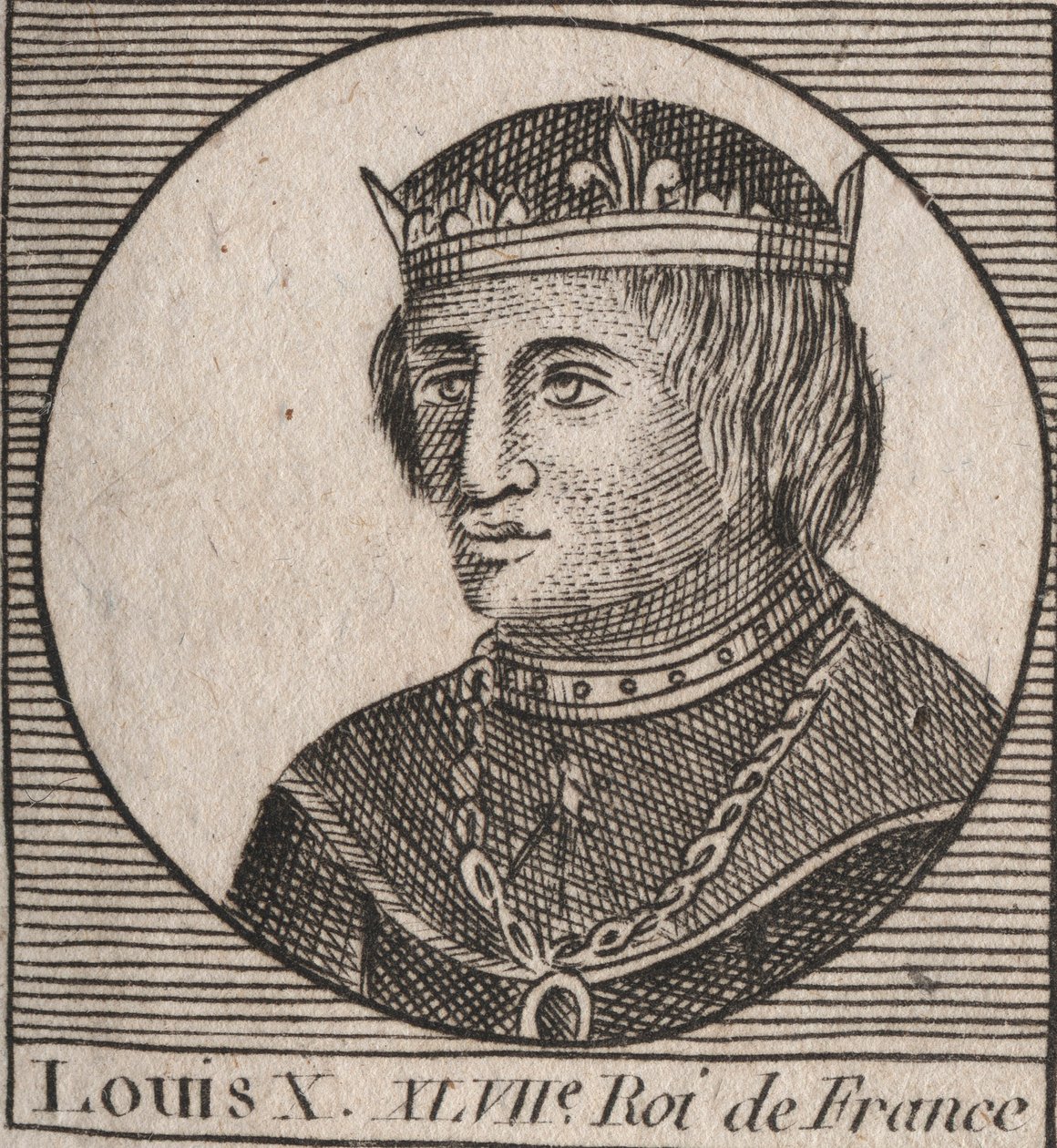 Portrett av Louis X le Hutin (1289 - 1316), konge av Frankrike - Louis X (1289-1316) den sta, konge av Frankrike og Navarra - gravering fra "" Instruction sur l