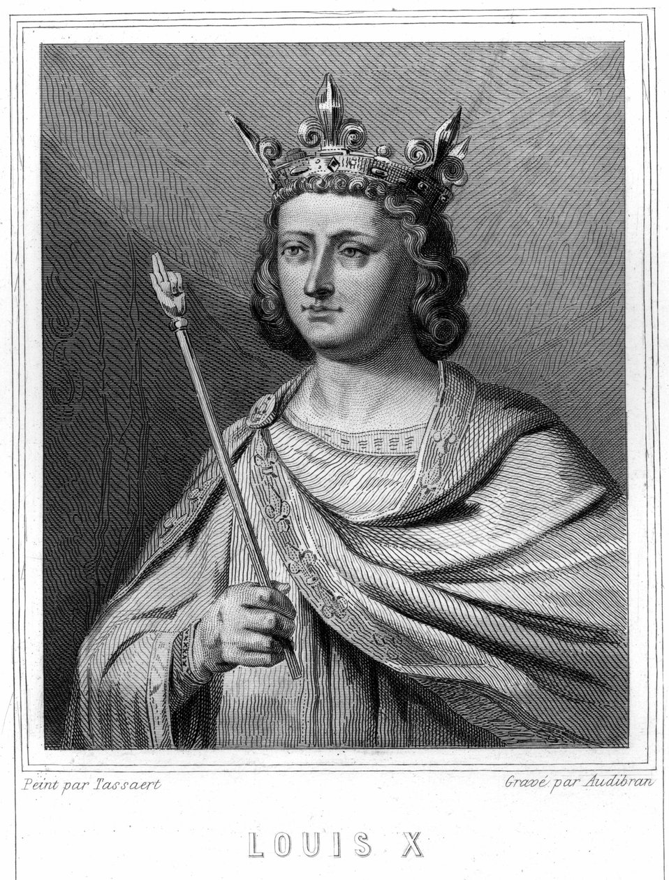 Portrett av Louis X le Hutin (1289 - 1316), konge av Frankrike - i "Histoire des Français"" av Lavallée, gravering, sd. av Unknown artist