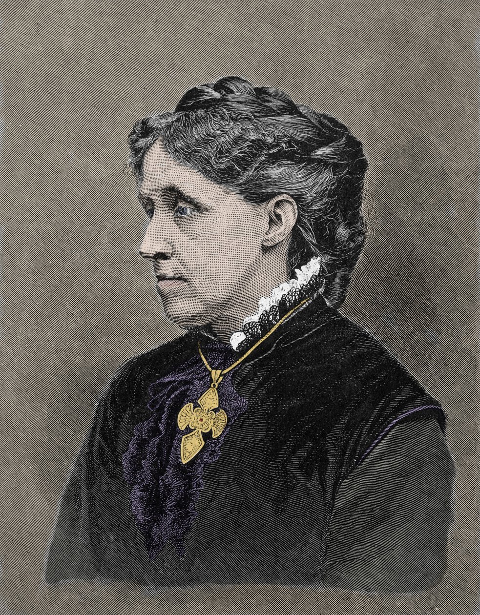 Portrett av Louisa May Alcott (1832-1888), amerikansk forfatter. 1800-talls fargegravering. av Unknown artist