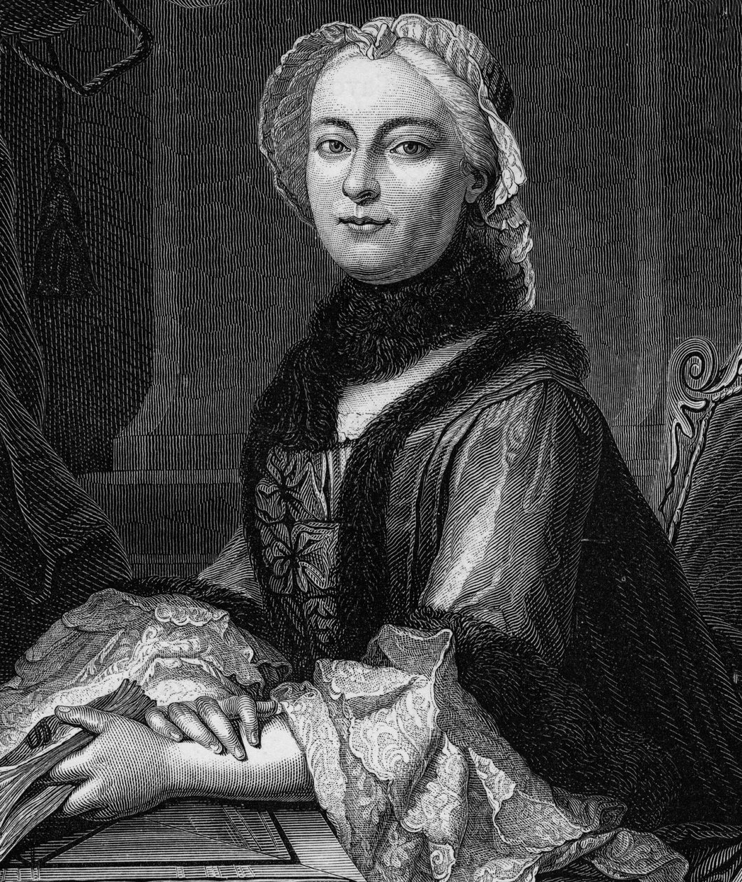 Portrett av Madame Geoffrin, født Marie Therese (Marie-Therese) Rodet (1699-1777) - Gravering av 1862 i "" The Queens of the World"" av våre første forfattere, bok utgitt under ledelse av Jean Germain Desire Armandaud av Unknown artist