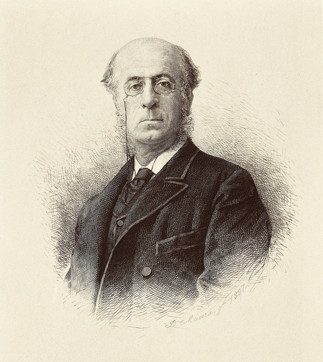 Portrett av Manuel SILVELA Y LA VIELLEUZE (1830-1892), spansk politiker. Madrid. Nasjonalbibliotekets gravering. av Unknown artist