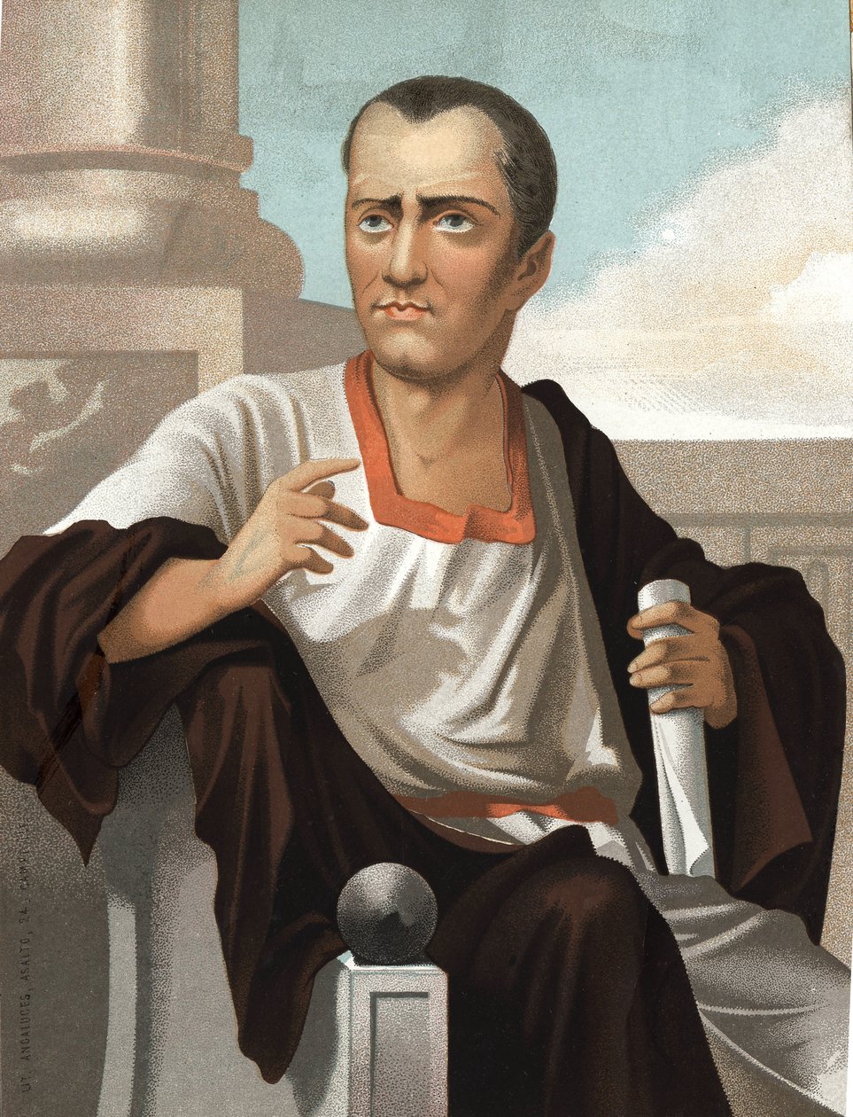 Portrait of Marcus Junius Brutus. Roman politician (v. 85 to 42 BC) after hombres y Mujeres celebres. Barcelona 1877. av Unknown artist