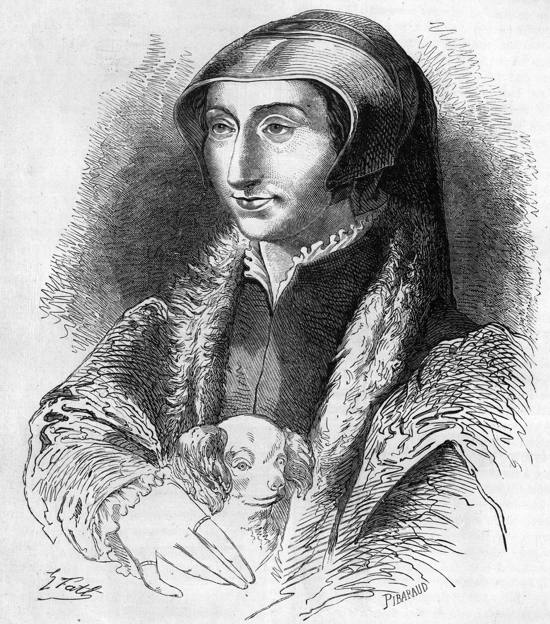Portrett av Margaret av Navarra (Marguerite av Valois, Marguerite av Angouleme eller Marguerite av Frankrike (1492-1549) Dronning av Navarra og poetinne, søster av Francois 1. (1553-1615). Gravering fra 1800-tallet. av Unknown artist
