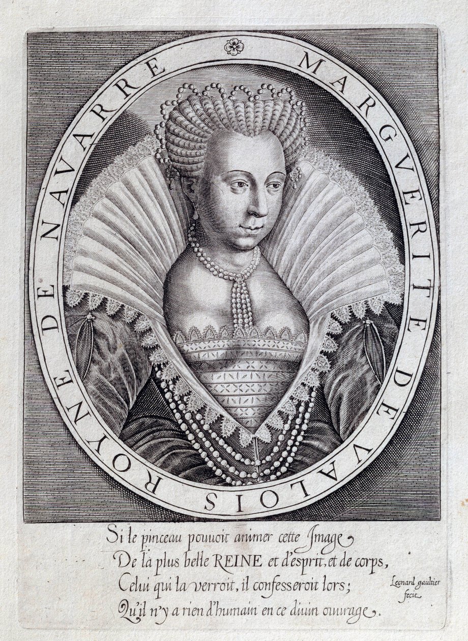 Portrett av Marguerite de Valois (1553 - 1615) kjent som dronning Margot. Gravering fra 1500-tallet. Pau, Musee Du Chateau av Unknown artist