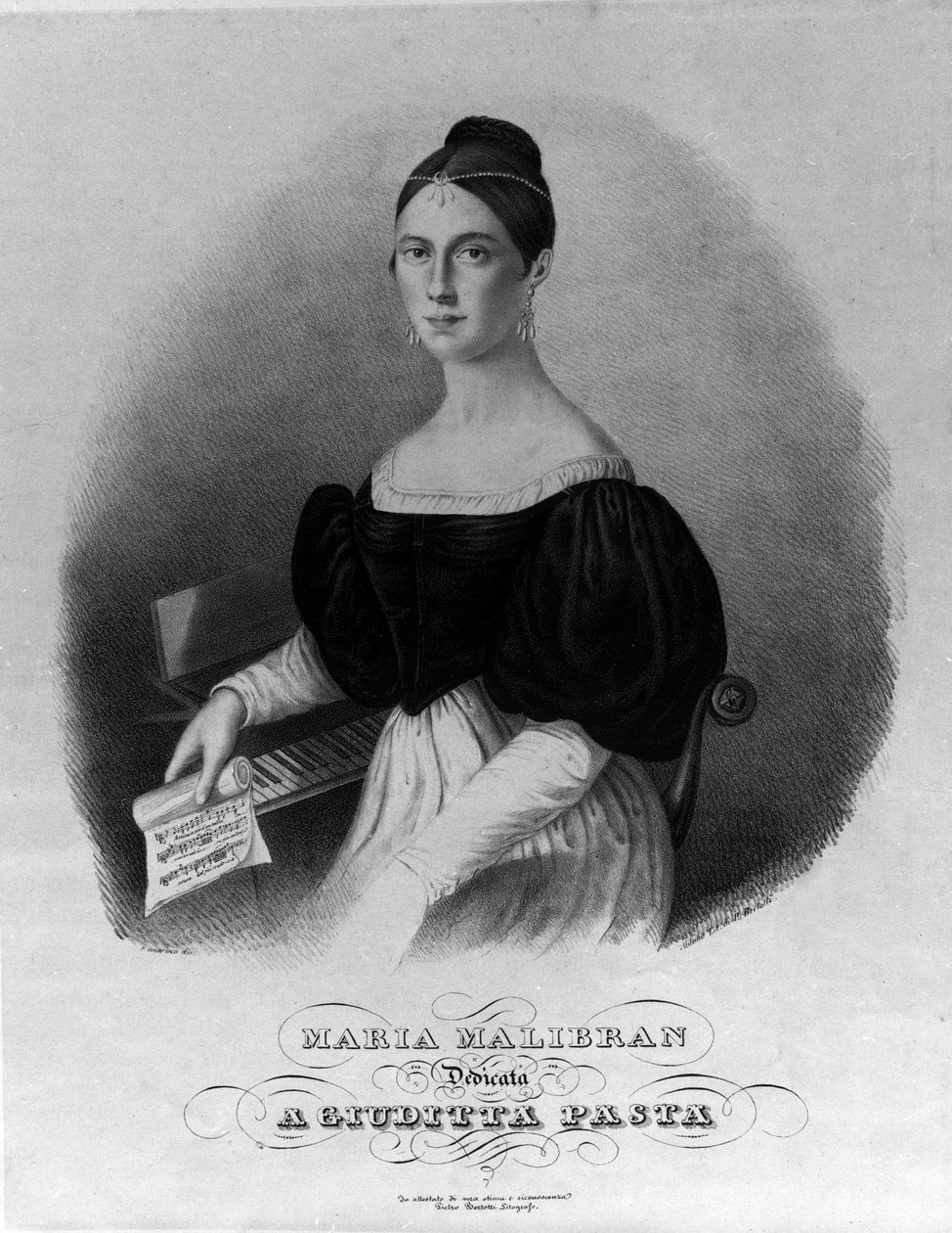 Portrett av Maria Garcia kalt Malibran (1808-1836) sangerinne, gravering dedikert til Giuditta-pasta. av Unknown artist