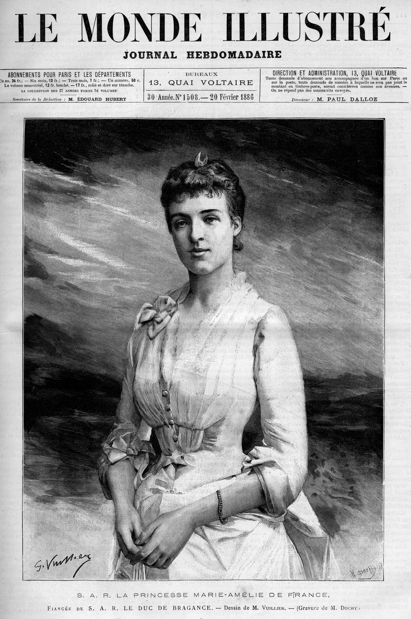 Portrett av Marie Amelie d'Orleans, prinsesse av Frankrike (1865-1951) og dronning av Portugal ved ekteskap med hertugen av Bragance som ble kong Charles I av Portugal (1863-1908). Gravering i "" Le Monde illustrious"" av Unknown artist