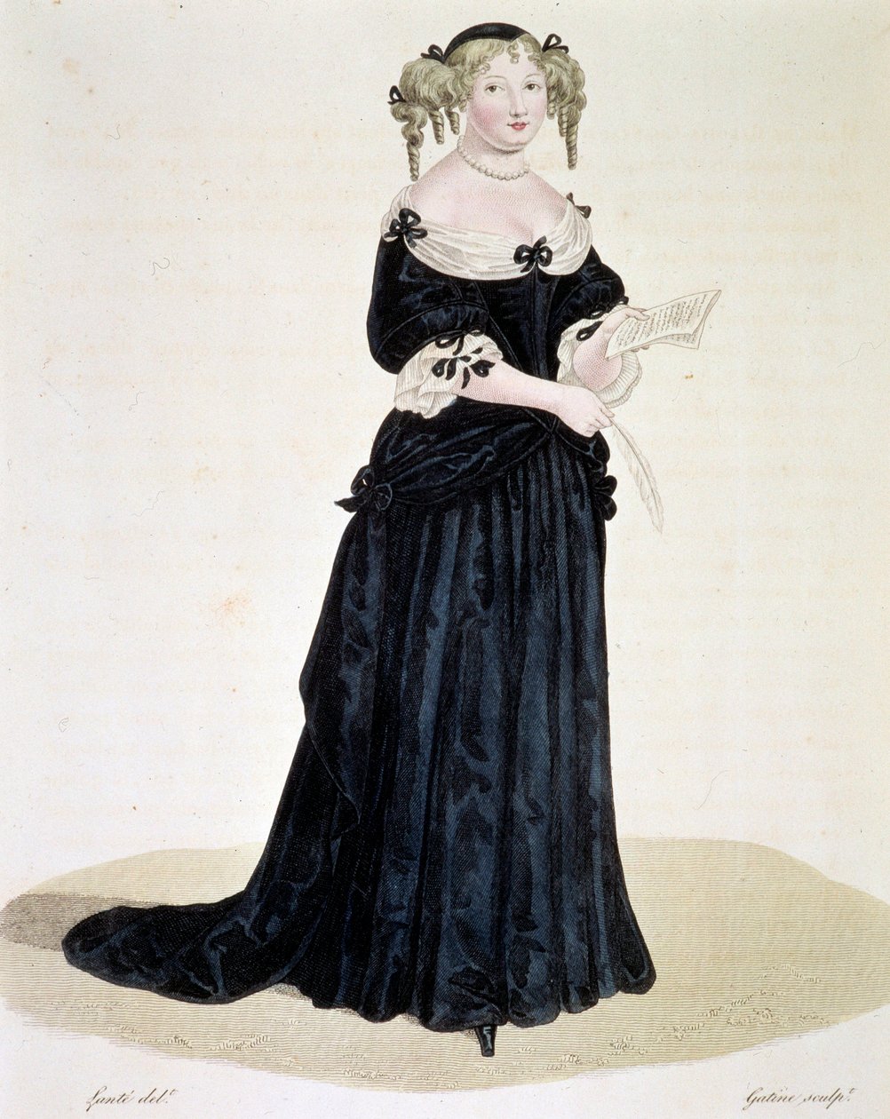 Portrett av Marie de Rabutin-Chantal (Rabutin Chantal), Marquise de Sevigne dit Madame de Sevigne (1626-1696), kvinne med bokstaver. Gravering Privat Samling av Unknown artist