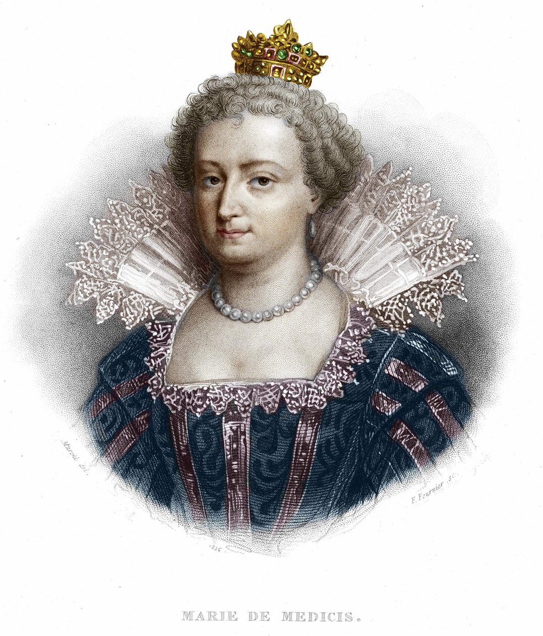Portrett av Maria av Medici (1573 - 1642), kone til Henrik IV og mor til Ludvig XIII. Gravering fra 1836 av Unknown artist