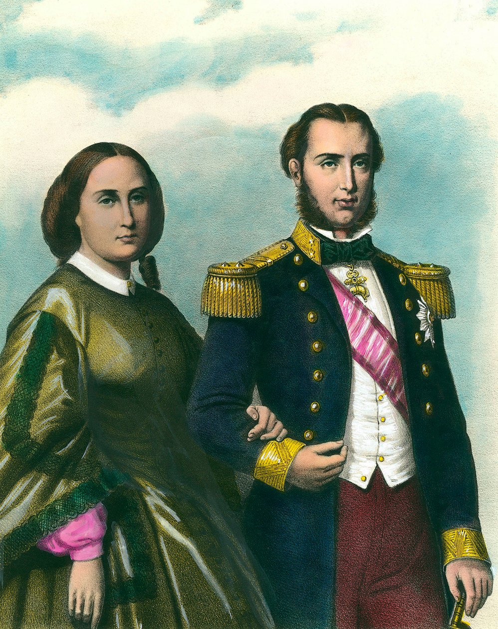 Portrett av Maximilian I (1832-1867) Keiser av Mexico og hans kone Charlotte av Belgia (1840-1927). 1800-tallsillustrasjon. Privat samling av Unknown artist