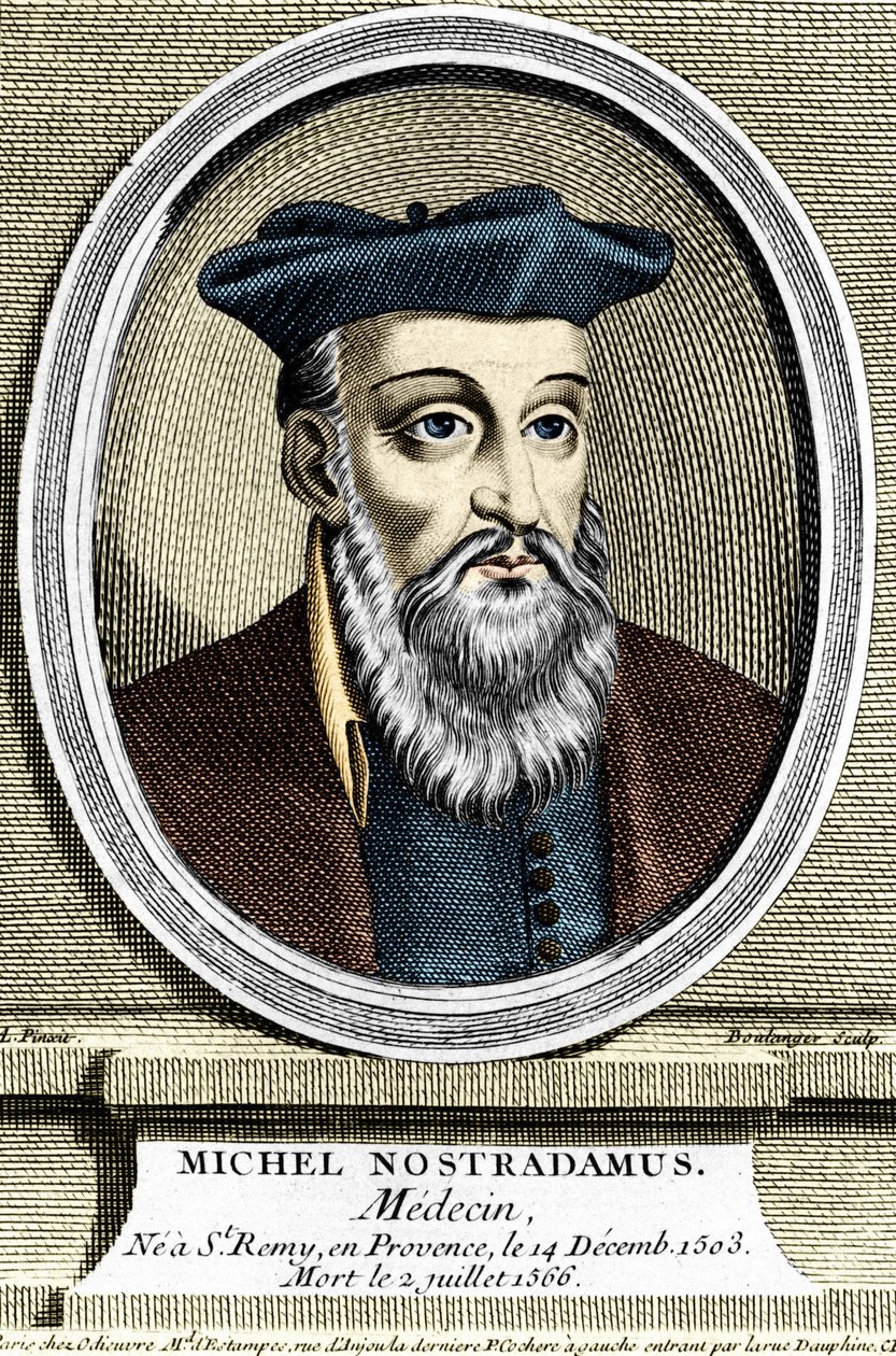 Portrett av Michel Nostradamus, lege og astrolog, hadde ikke Saint Remy de Provence (Saint-Remy-de-Provence) den 14/12/1503 og døde 02/07/1566. Gravering fra 1600-tallet. av Unknown artist