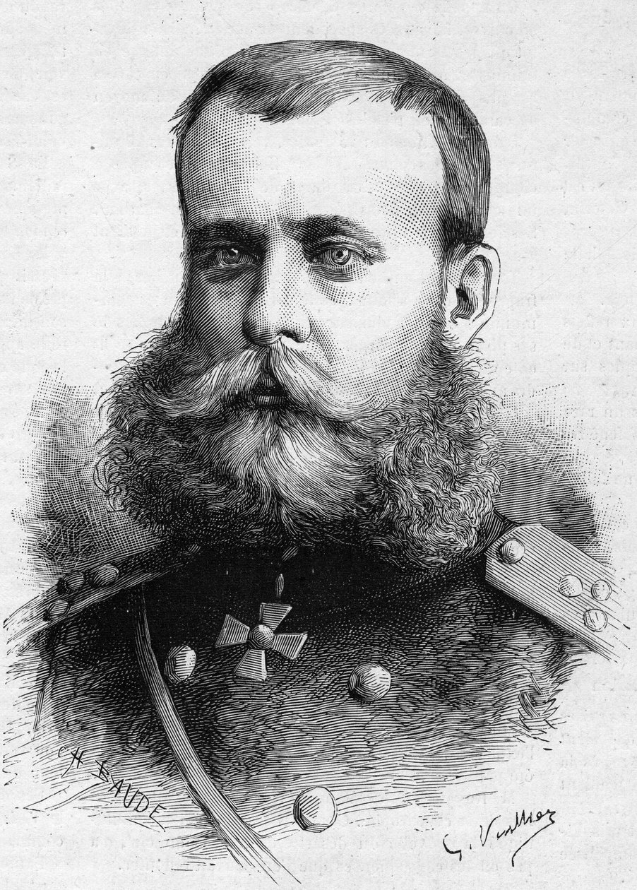 Portrett av Mikhail Dmitrievich Skobeleff (general Skobeleff eller Skobelev) (1843-1882), russisk militær. Gravering i "" Le Monde Illustré"" nr. 1301 av 4. mars av Unknown artist