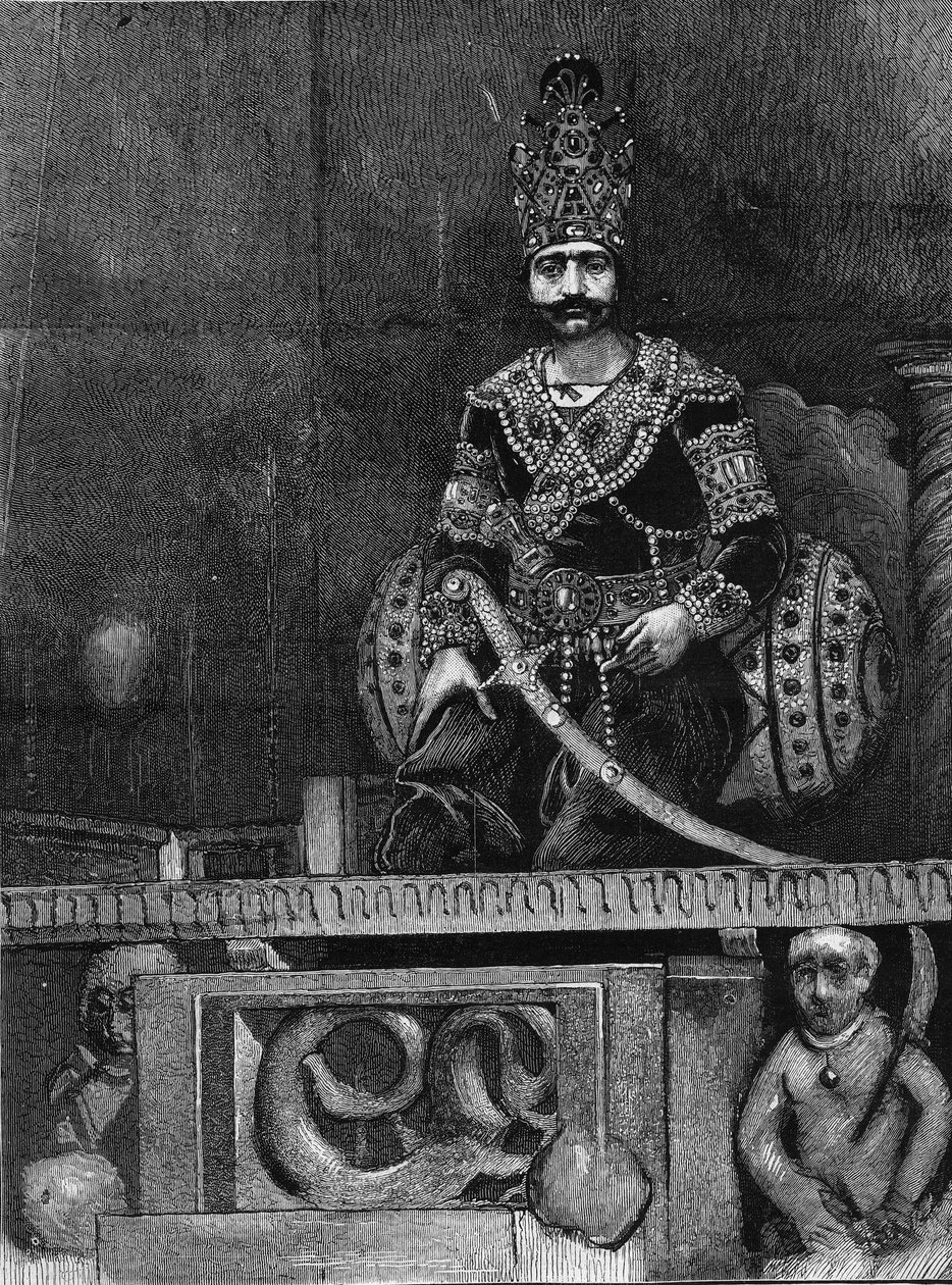 Portrett av Nasir Al-Din (Nasser al Din) (1831-1896) Shah av Persia på sin trone. av Unknown artist
