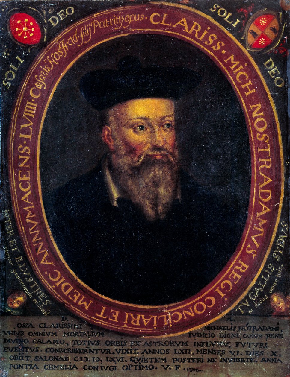 Portrett av Nostradamus, Michel de Notre Dame (1503 - 1566) fransk astrolog og lege. Kobbergravering av Unknown artist