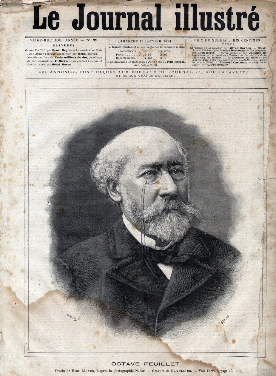 Portrett av Octave Feuillet (1821-1890), fransk romanforfatter, dramatiker og akademiker - Gravering i "Le journal illustrious"" fra 1891 av Unknown artist