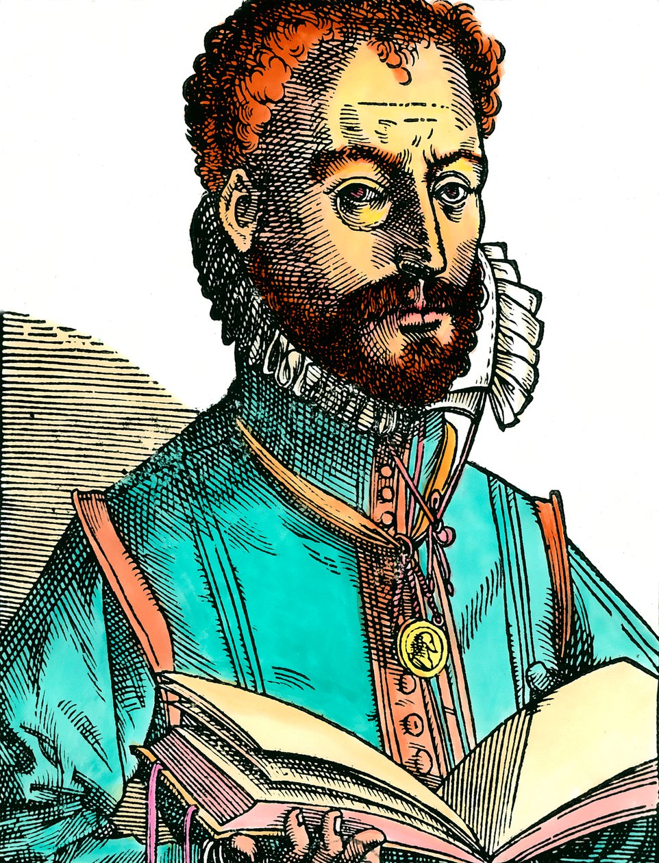 Portrett av Orlandus Lassus (1531-1594) musiker fra den fransk-belgiske skolen som holder en åpen bok (hvite sider). Gravering fra 1500-tallet. Coll. Kom igjen. av Unknown artist