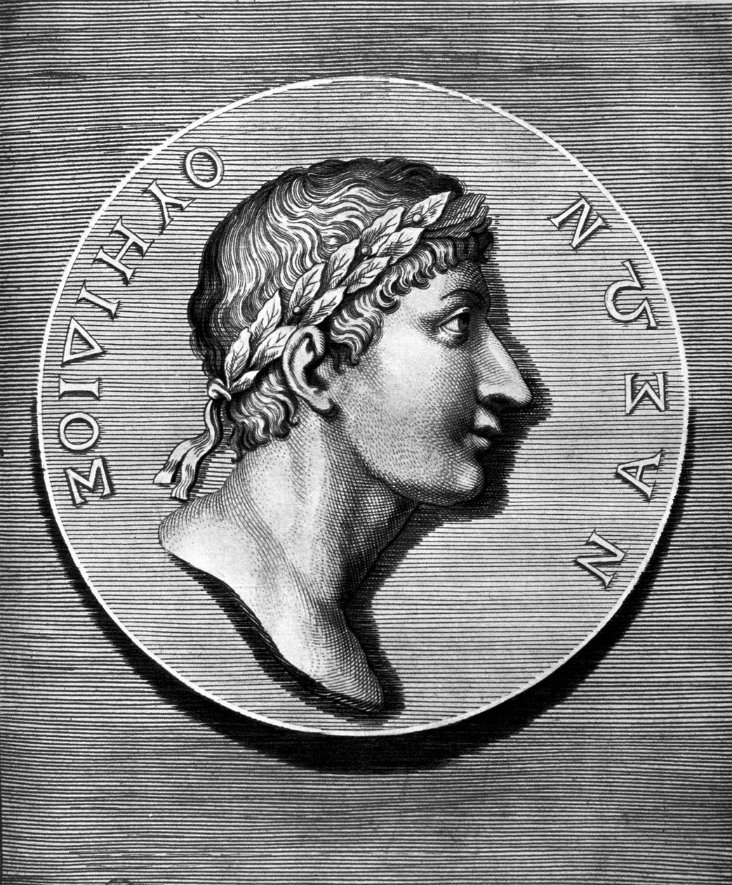 Portrett av Ovid i medaljong. Gravering av 1800-tallet. Coll Maciet, Library of Decorative Arts, Paris. av Unknown artist