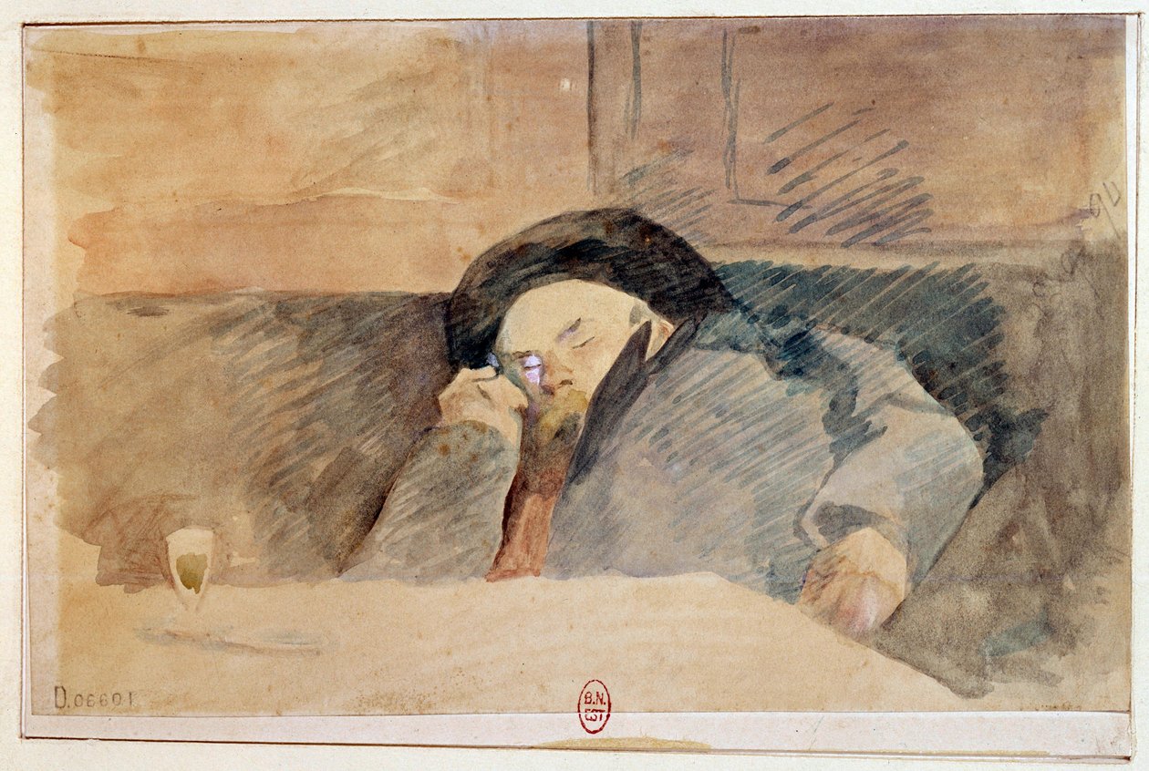 Portrett av Paul Verlaine (1844-1896), fransk poet, som sover på kafeen Procope i Paris. Akvarell fra 1800-tallet. Paris, B.N. av Unknown artist