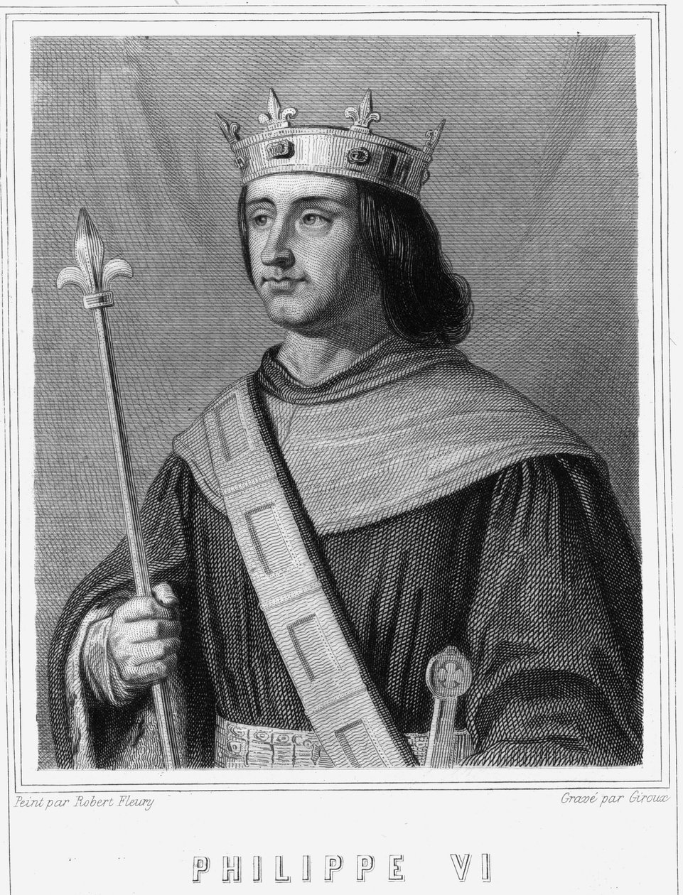Portrett av Philippe VI de Valois (1294 - 1350), konge av Frankrike - i "Histoire des Français"" av Lavallée, gravering, sd. av Unknown artist
