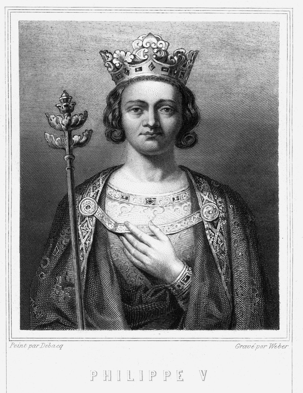 Portrett av Philippe V le Long (1294 - 1322), konge av Frankrike - i "" Histoire des Français"" av Lavallée, gravering, sd. av Unknown artist