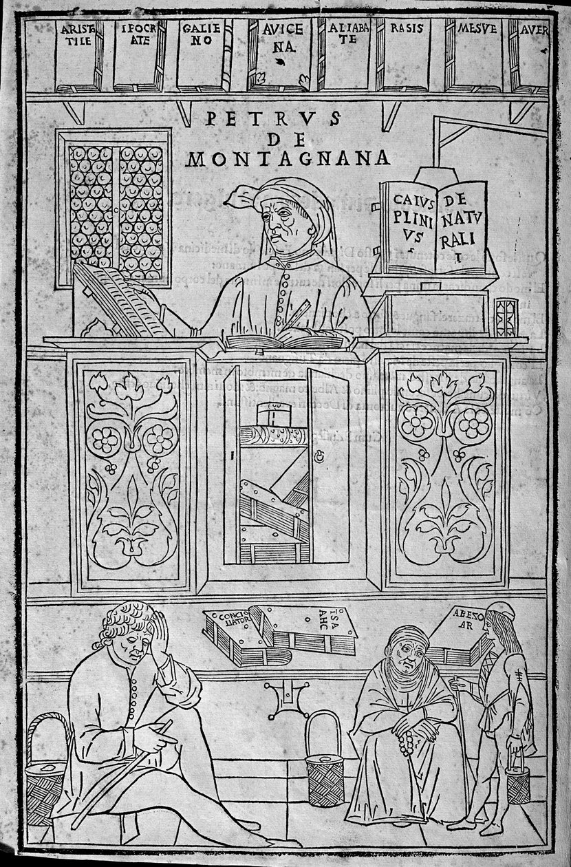 Portrett av Pietro da Montagnana, en medisinsk lærer fra Padova omgitt av greske og arabiske medisinske bøker, og tre pasienter som venter på å få undersøkt urinen. av Unknown artist