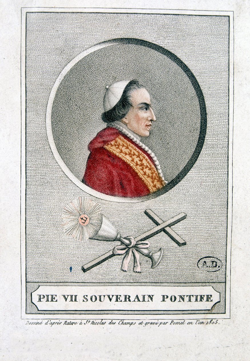 Portrett av Pius VII (1742 - 1823) i medaljong - gravering av Unknown artist