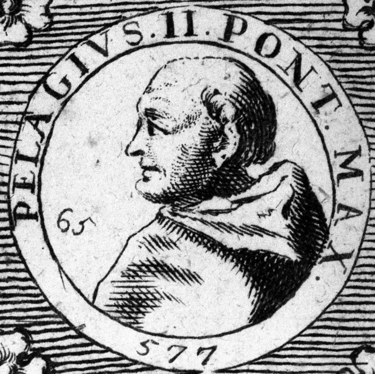 Portrett av pave Pelagius II (Pelagius) (520-590). av Unknown artist