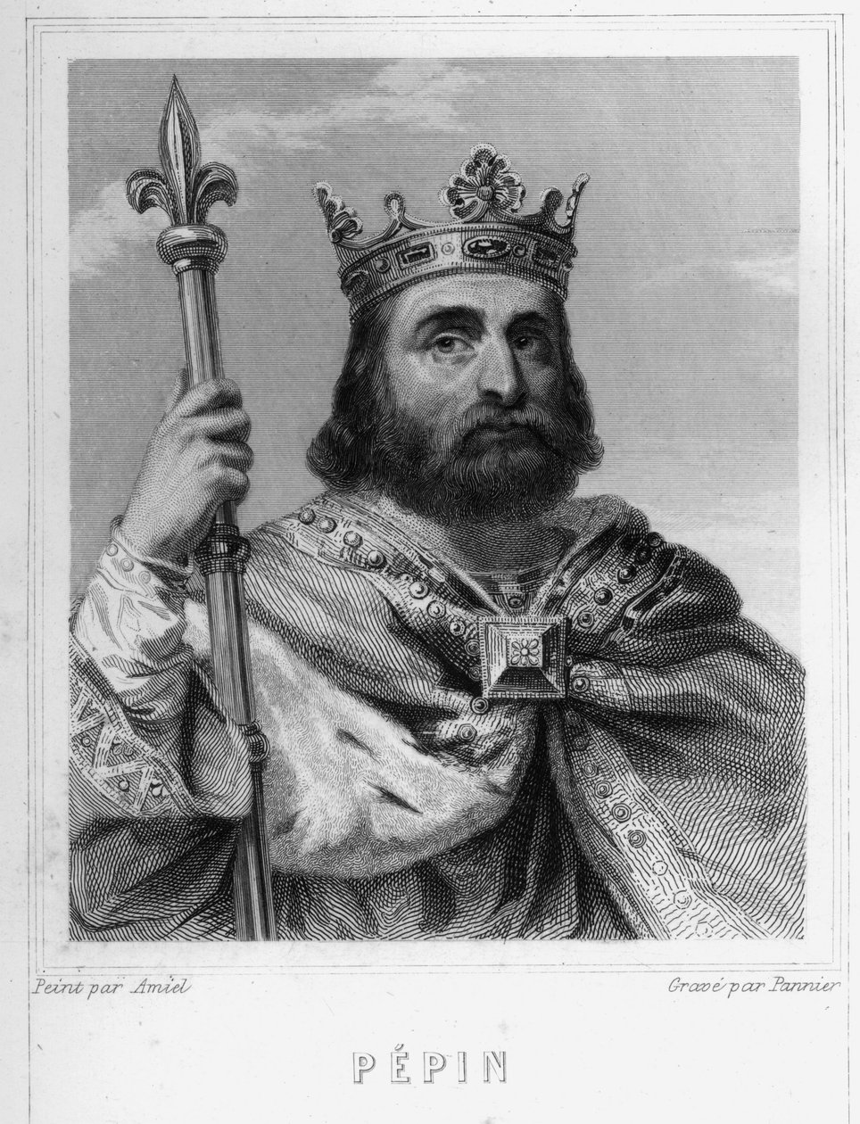 Portrett av Pépin le Brief (v. 714 - 768), kongen av frankene, den første av karolingerne - i «Histoire des Français» av Lavallée, gravering, sd. av Unknown artist