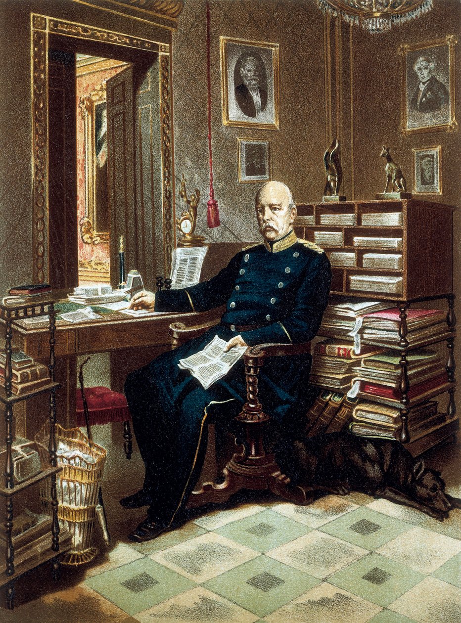 Portrett av prins Otto von Bismarck (1815-1898), kansler og prøyssisk politiker, på kontoret hans. Litografi i farger av Unknown artist