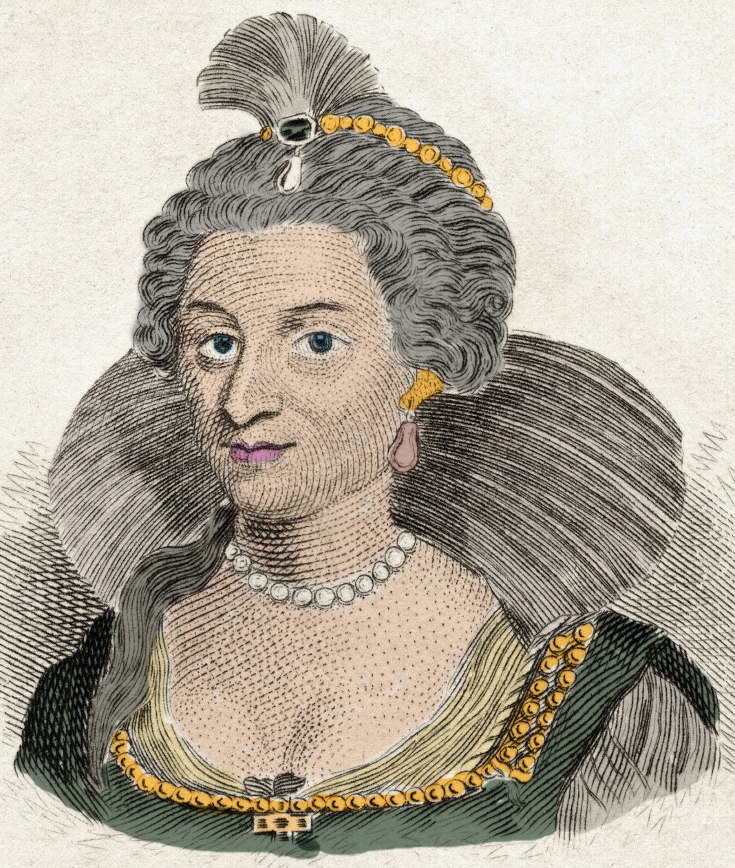 Portrett av dronning Anne av Danmark, dronning av England (1574-1619), kone til kong James I av England (1566-1625). Gravering av 1800-tallet av Unknown artist