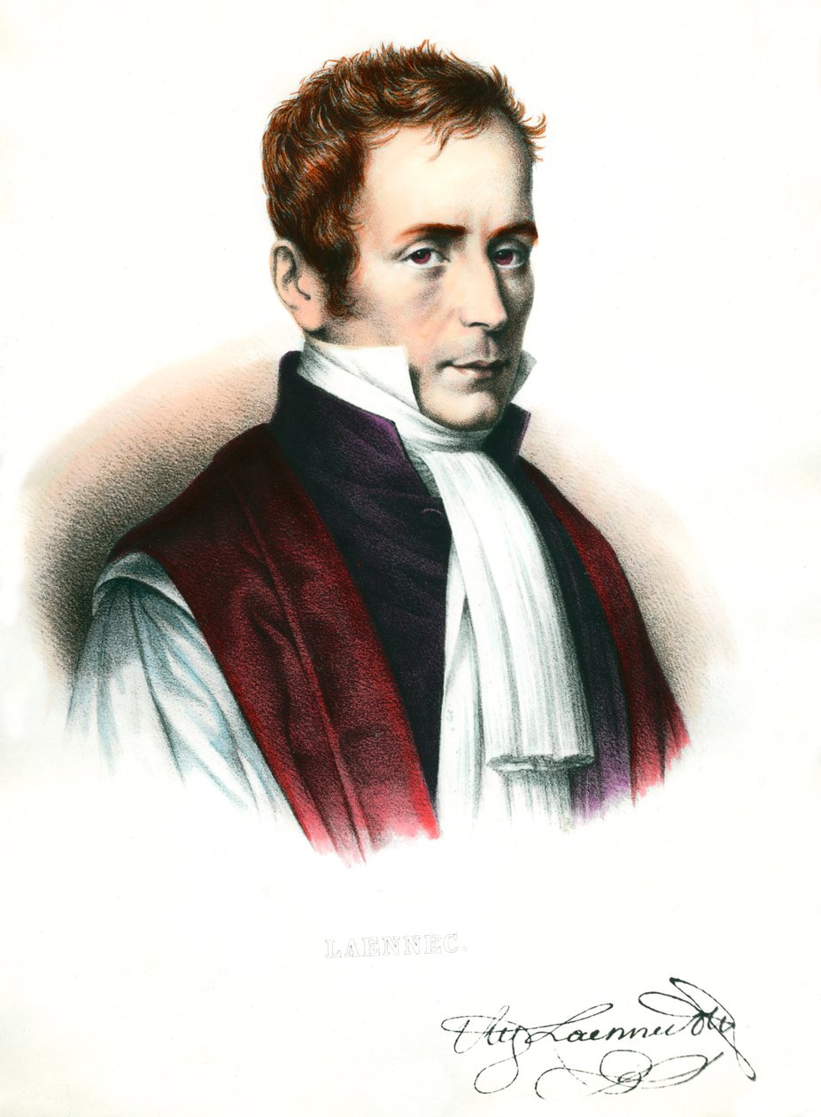 Portrett av Rene Laennec (1781-1826) fransk lege Gravering fra 1800-tallet Privat samling av Unknown artist
