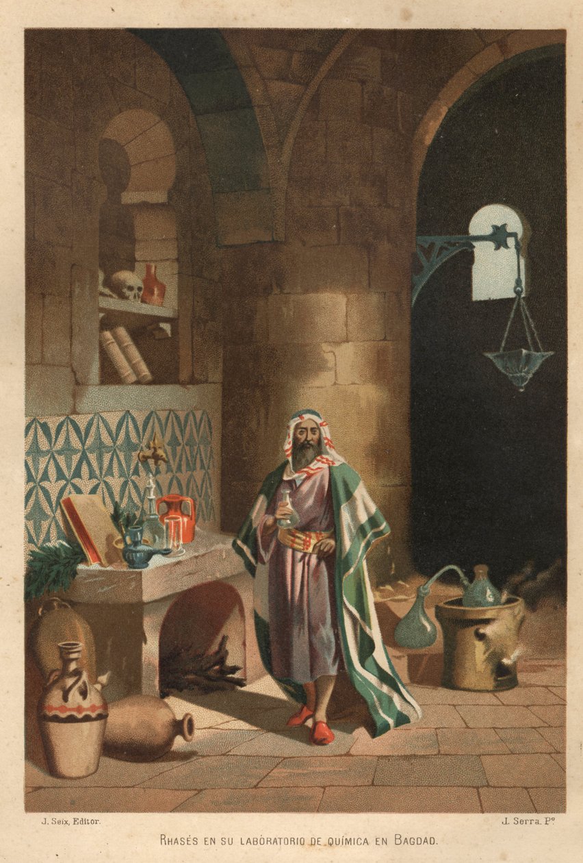 Portrait of Rhases (Rhazes, Razi, Al-Razi, Razis, or Rases) (840-923) Persian scientist) in his laboratory in Baghdad. Barcelona 1881 av Unknown artist
