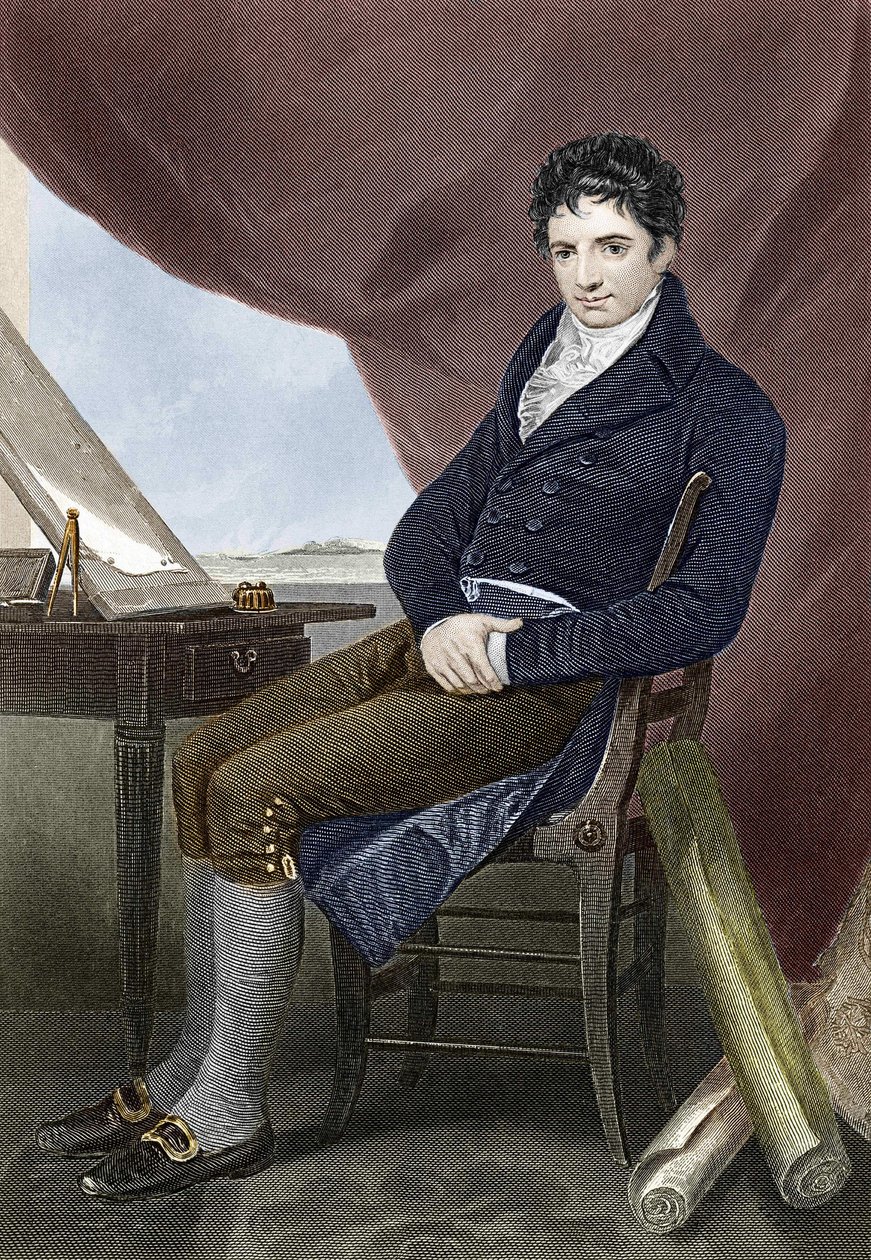 Portrett av Robert Fulton (1765 - 1815), amerikansk skipsbyggingsmekaniker (Nautilus). Gravering av 1800-tallet. av Unknown artist
