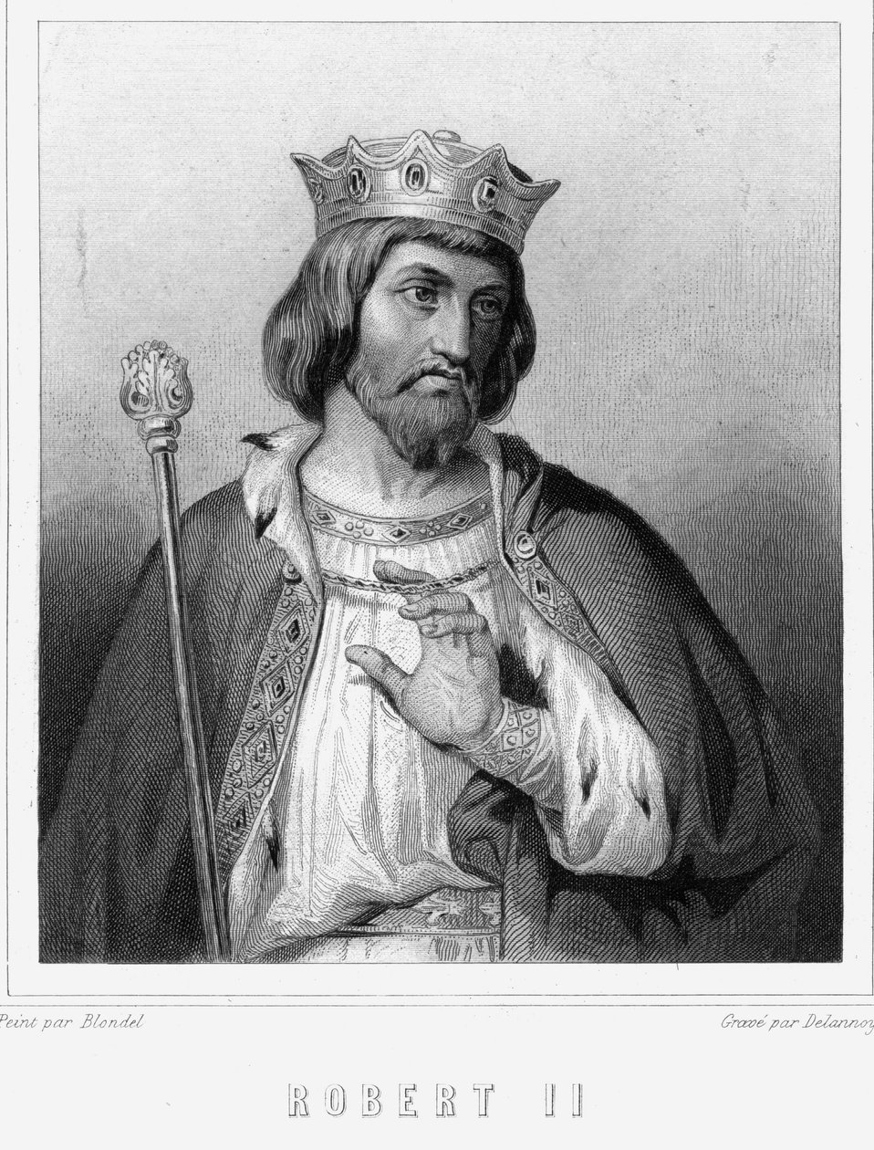 Portrett av Robert II den fromme (v. 972 - 1031), konge av Frankrike - i "Histoire des Français"" av Lavallée, gravering, sd. av Unknown artist