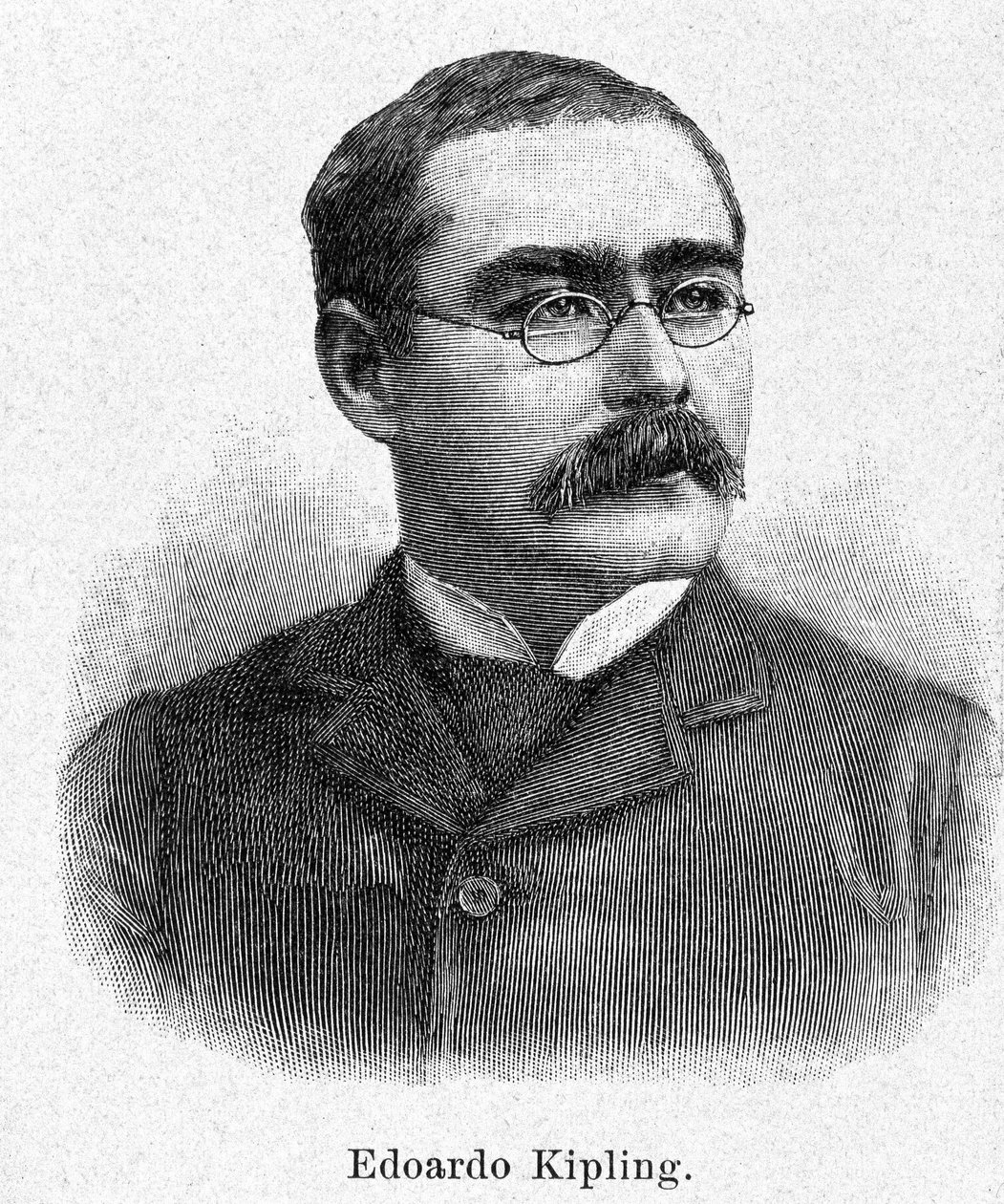 Portrett av Rudyard Kipling (1865-1936), britisk romanforfatter og poet, gravering fra 1800-tallet. av Unknown artist