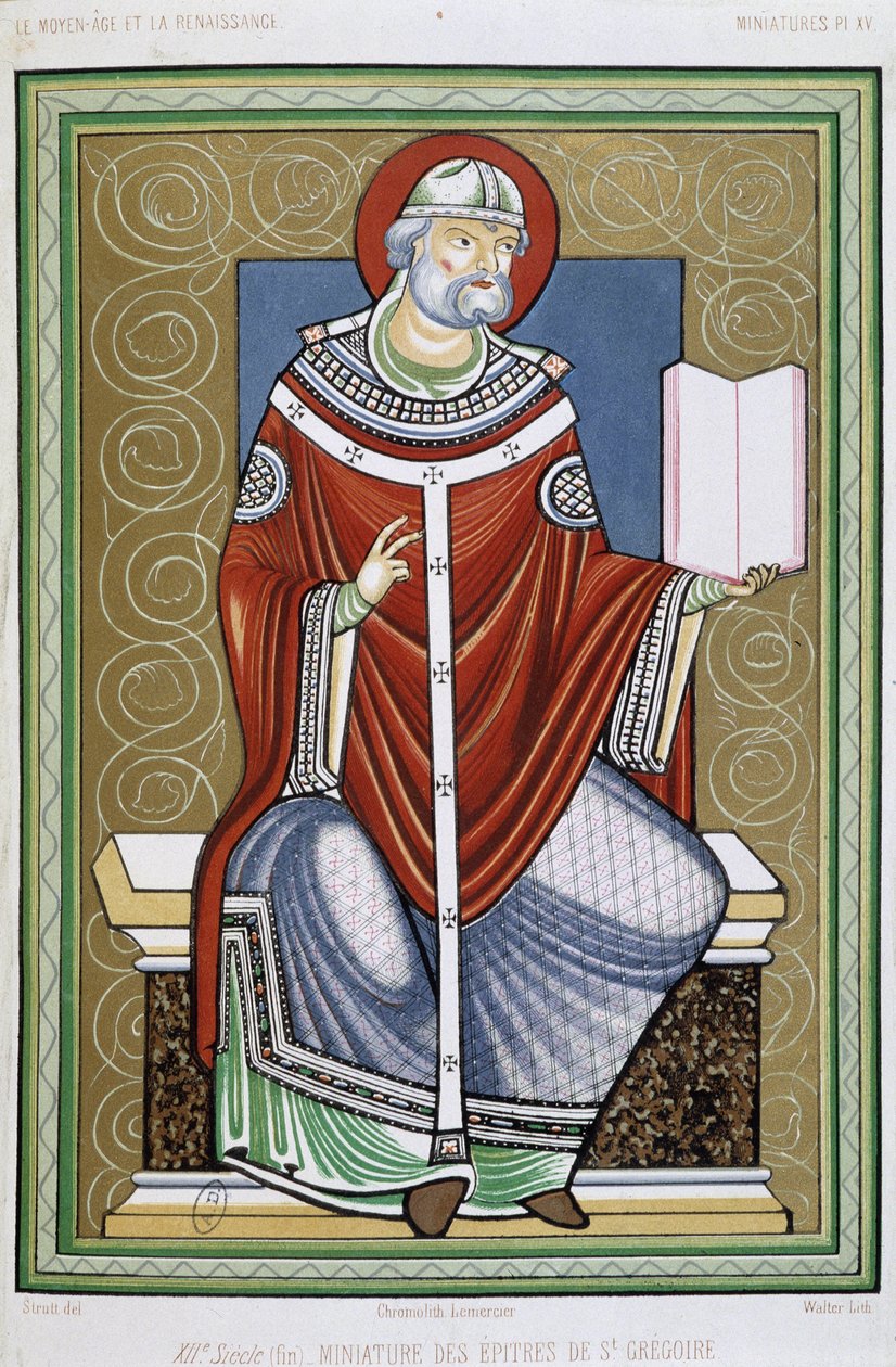 Portrett av Saint Gregory, chromo 19th fra miniatyr av Saint Gregory Epistles av Unknown artist