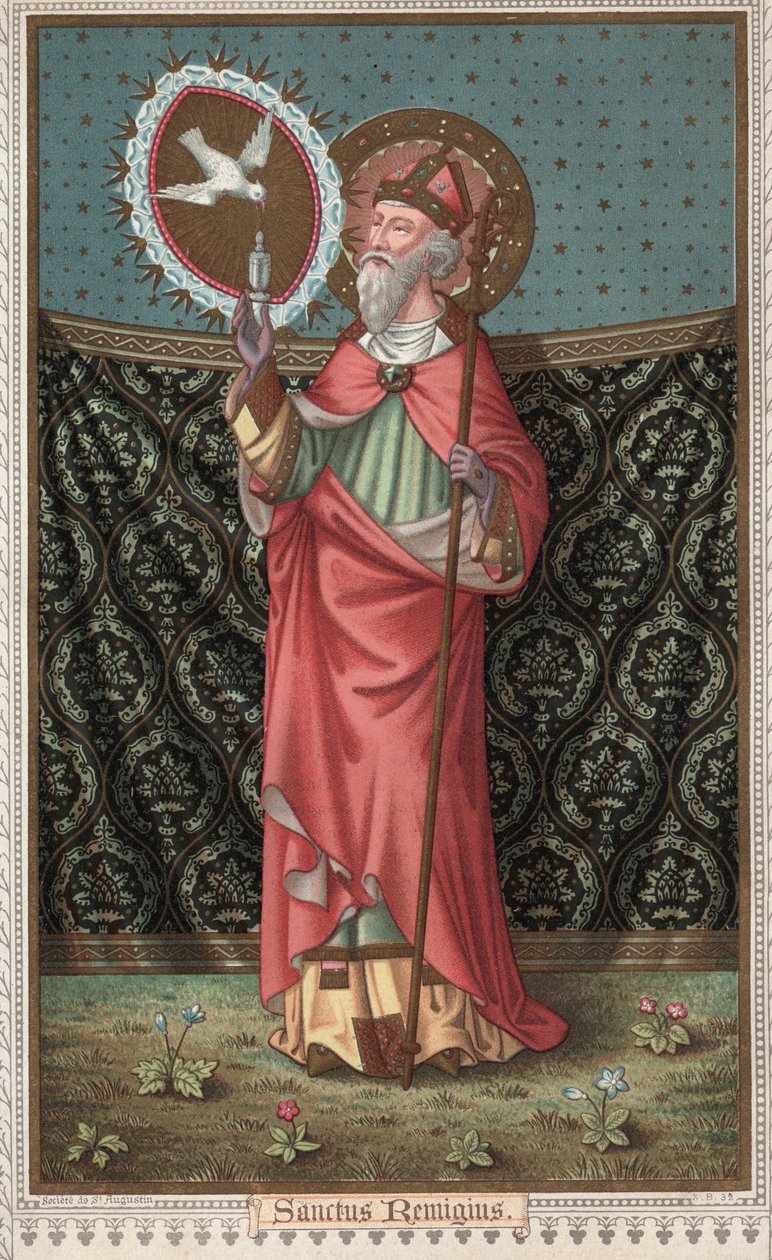 Portrett av Saint Remi (437-533) (Saint Remigius, Remy Remigio) besøk av Den Hellige Ånds due (Den Hellige Ånd). Kromolitografi fra slutten av 1800-tallet. av Unknown artist