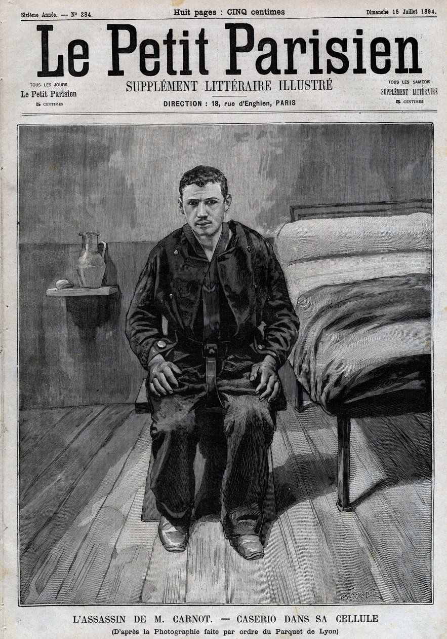 Portrait of Sante Caserio (1873-1894) Italian anarchist, assassin of Sadi Carnot, in prison. Engraving in “” Le Parisien”” av Unknown artist