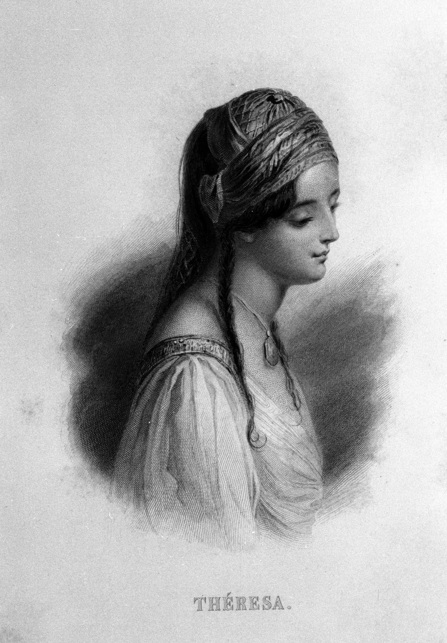 Portrett av Teresa Gamba i Guiccioli (1800-tallet) forelsket i poeten George Gordon Byron. Gravering av 1800-tallet av Unknown artist