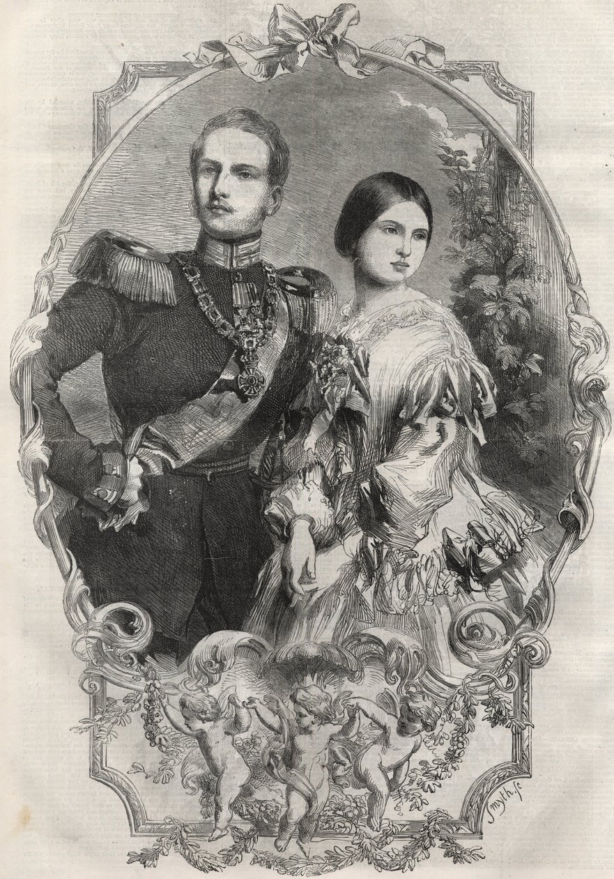 Portrett av deres kongelige høyheter prinsesse Victoria (1840-1901) (dronning Victoria) og kronprins Frederick William av Preussen (1831-1888). Gravering fra 1858. av Unknown artist