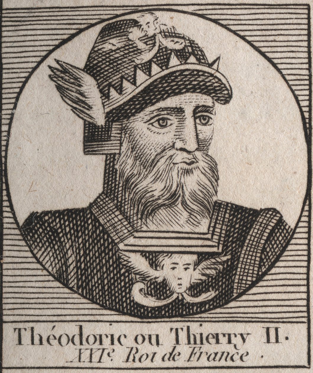 Portrait of Thierry II (587-613) King of the Francs of Austrasia and Burgundy from 595 to 613 - THIERRY II (Theuderic or Theuderich, Theoderic, or Theodoric II) king of Burgundy and Austrasia - engraving from “Instruction sur l