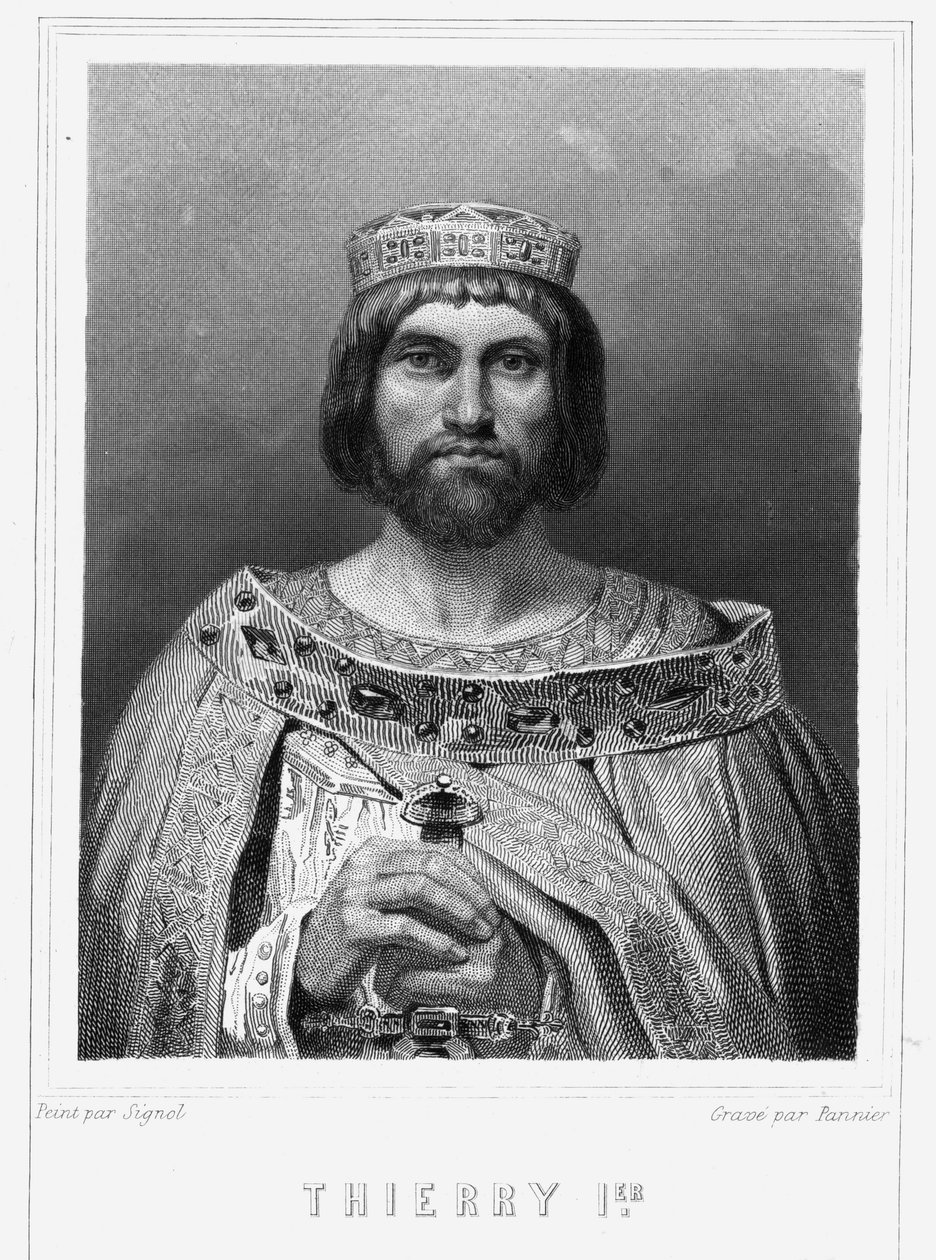 Portrett av Thierry I (? - 533), konge av Austrasia - i "" Histoire des Français"" av Lavallée, gravering, sd. av Unknown artist