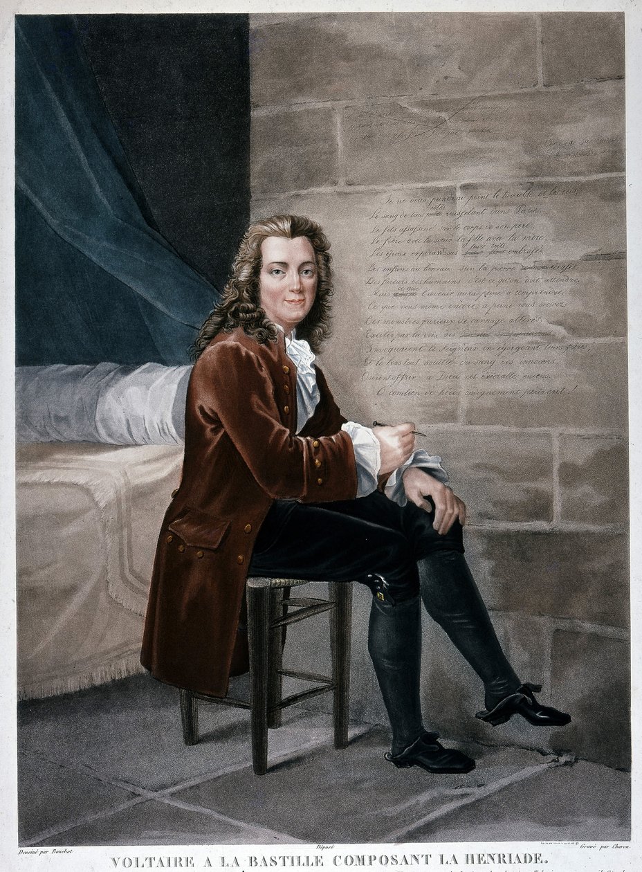 Portrett av Voltaire ved Bastillen som utgjør Henriade. Gravering av 1800-tallet. Musee Carnavalet. av Unknown artist